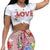 Short Sleeve Letter Floral Print Crop Top + Long Pants Two-Piece Jumpsuit Outfit